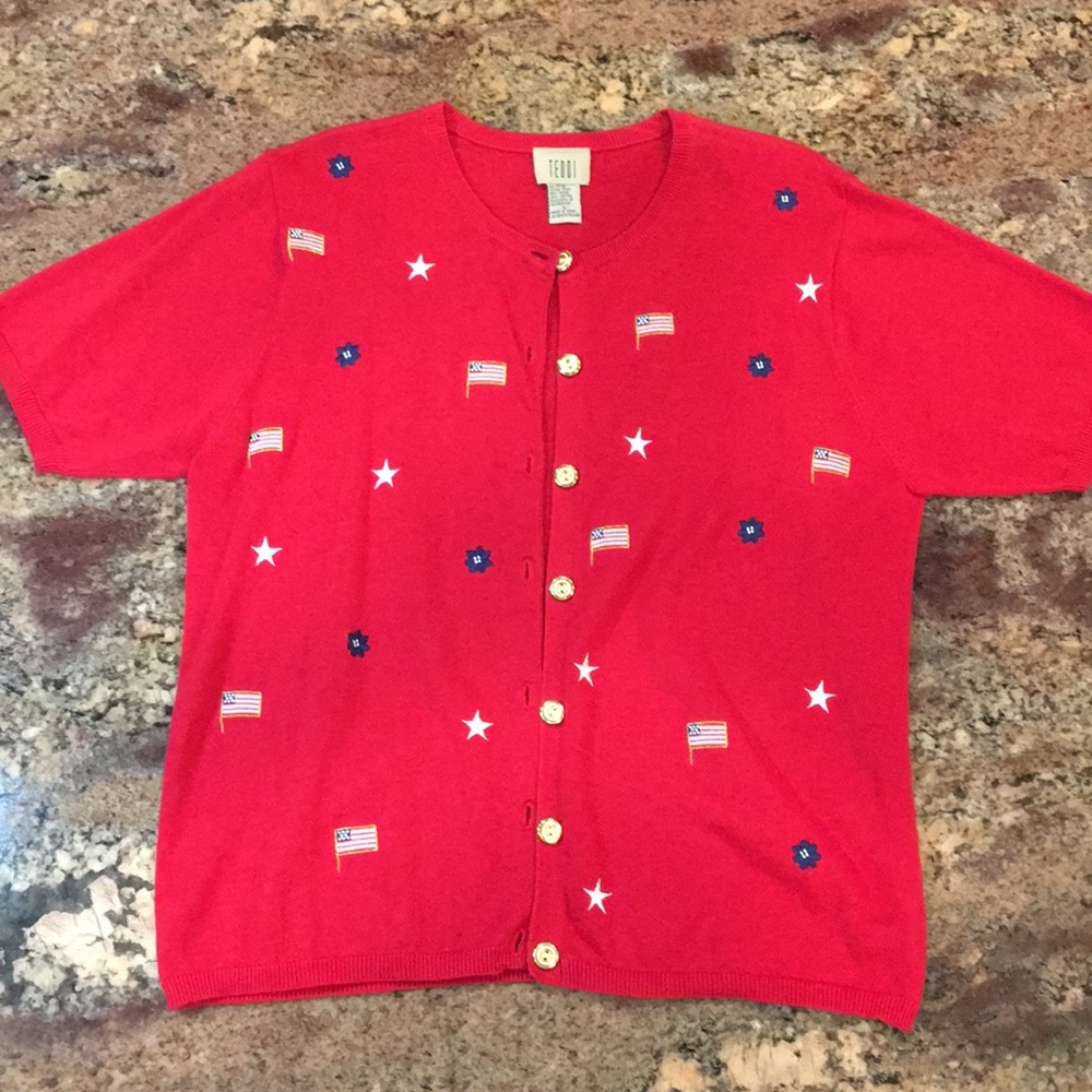 🇺🇸TEDDI🇺🇸 Patriotic hand-knit appliqué Large Summer/Fall Sweater, Original Owner